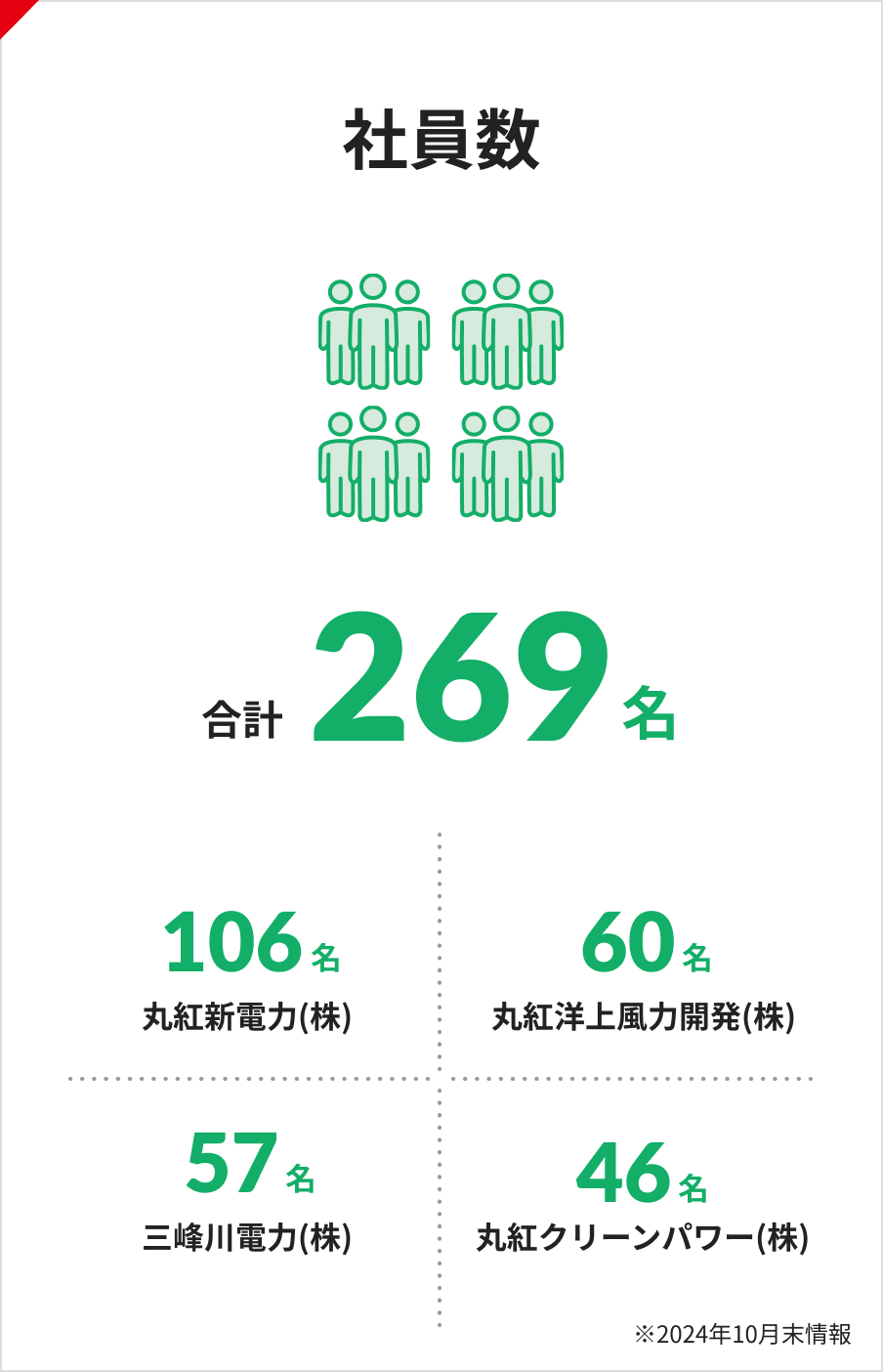 社員数合計269名 106名 丸紅新電力(株) 57名 三峰川電力(株) 60名 丸紅洋上風力開発(株) 46名 丸紅クリーンパワー(株) ※2024年10月末情報