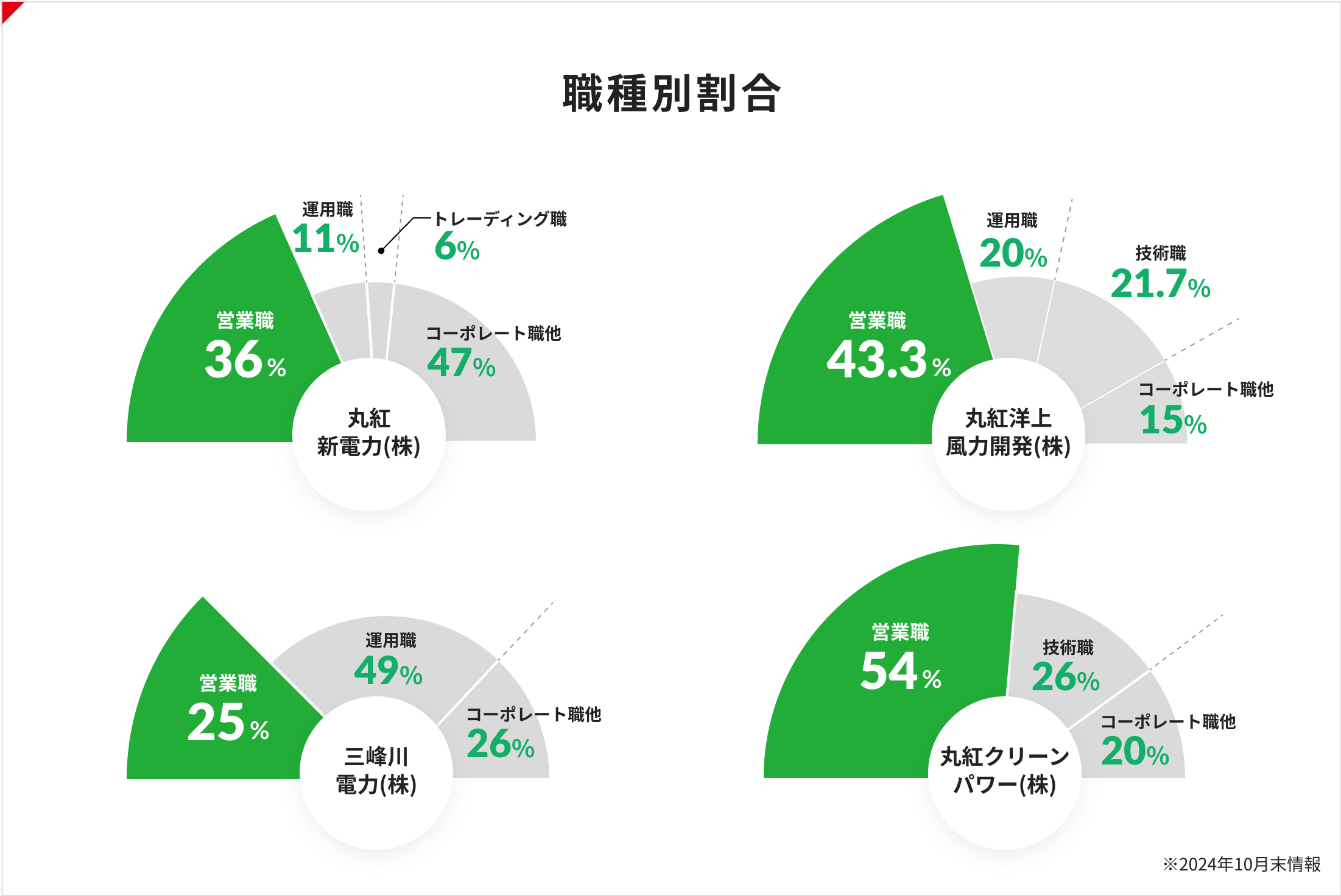 職種別割合 丸紅新電力(株) 営業職36％ 運用職11％ トレーディング職6％ コーポレート職他47％ | 三峰川電力(株) 営業職25％ 運用職49％ コーポレート職他26％ | 丸紅洋上風力開発(株) 営業職43.3％ 運用職20％ 技術職21.7％ コーポレート職他15％ | 丸紅クリーンパワー(株) 営業職54％ 技術職26％ コーポレート職他20％ ※2024年10月末情報